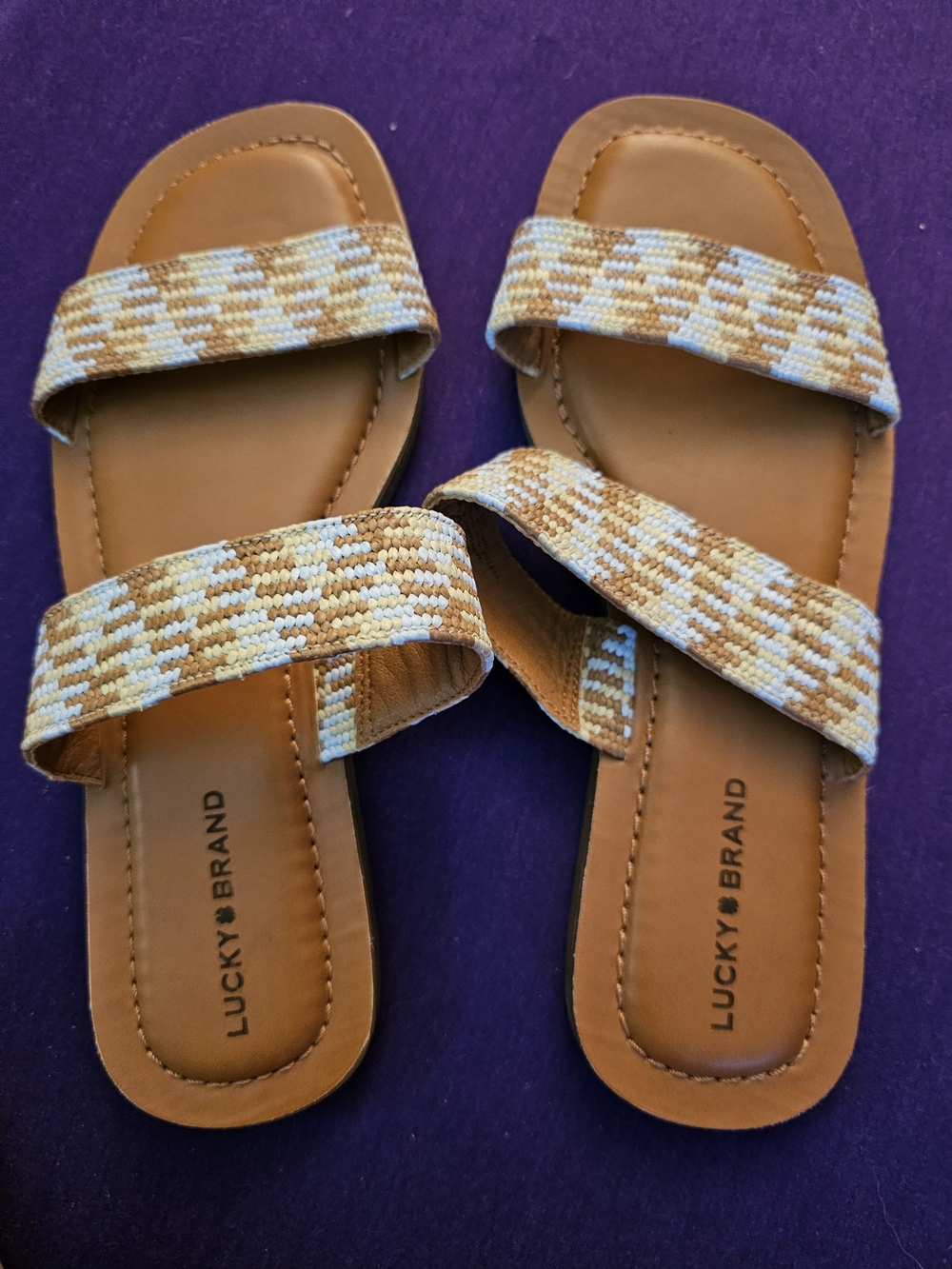 Lucky Brand Tan & Light Blue Woven Double-Strap Slide Sandals NWOT
